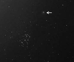 Přibližně takto jsme mohli vidět kometu Machholz pouhým okem. Na snímku z 8. ledna se kometa nachází v blízkosti otevřené hvězdokupy Plejády.